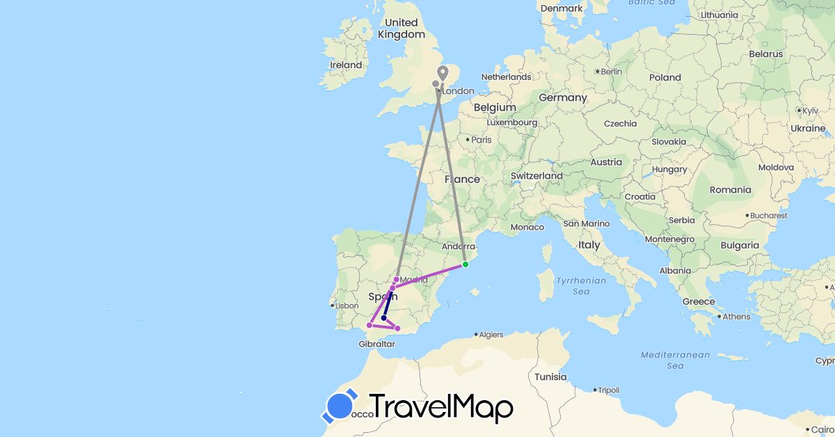 TravelMap itinerary: driving, bus, plane, train in Spain, United Kingdom (Europe)