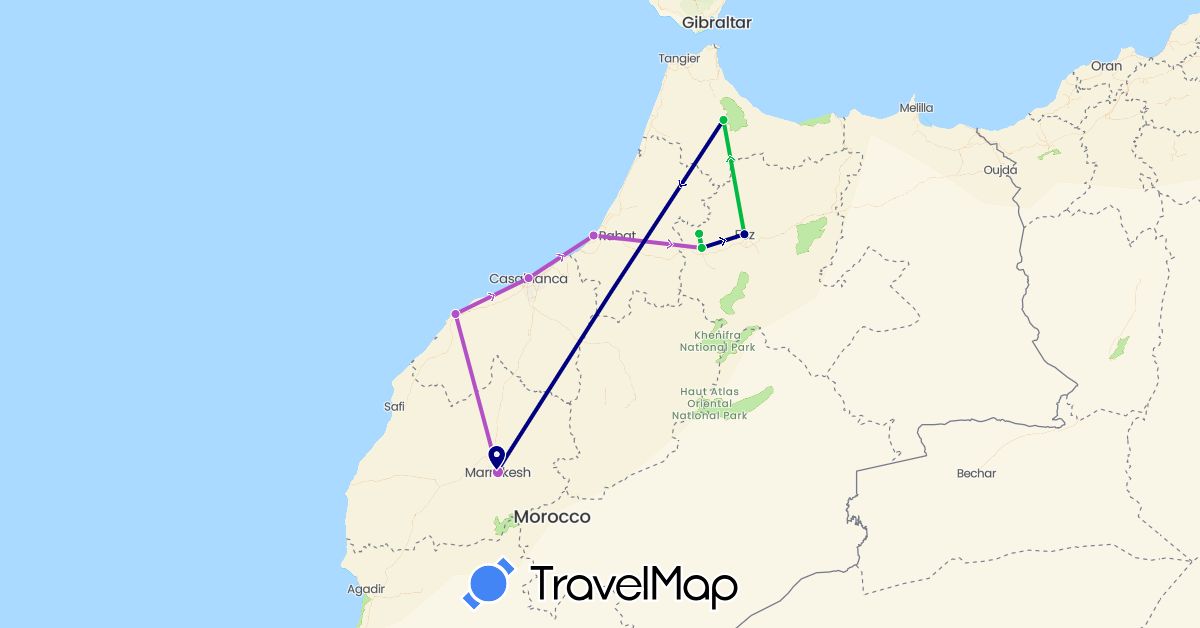 TravelMap itinerary: driving, bus, train in Morocco (Africa)